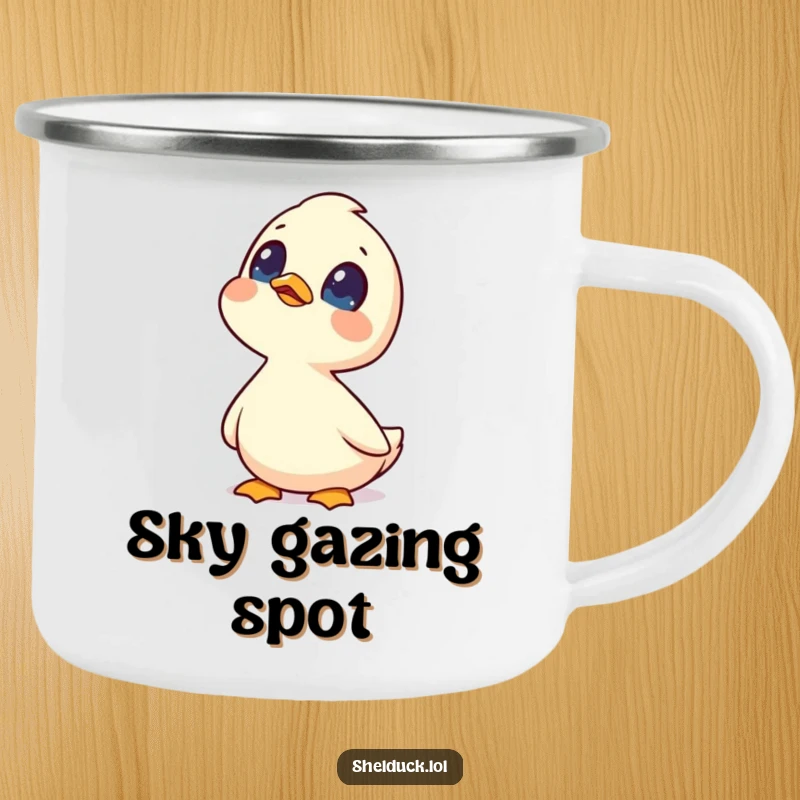 Funny shelduck camping mug depicting a curious shelduck bird looking up at the sky, ideal for stargazing moments.