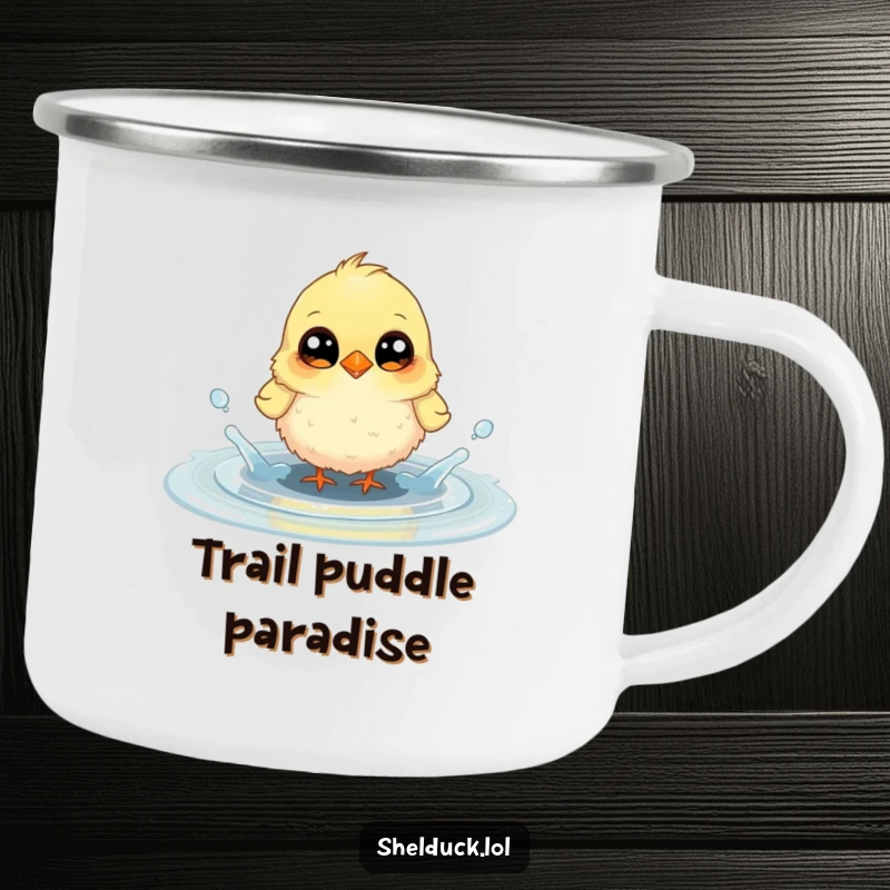 Funny camping mug showing a small, fluffy bird with large, curious eyes joyfully splashing in a puddle, ideal for outdoor fun.