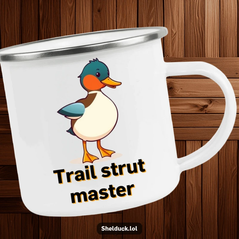 Funny Shelduck Strut Campfire Mug: A durable mug featuring a shelduck bird in a funny strut, perfect for camping and outdoor use.