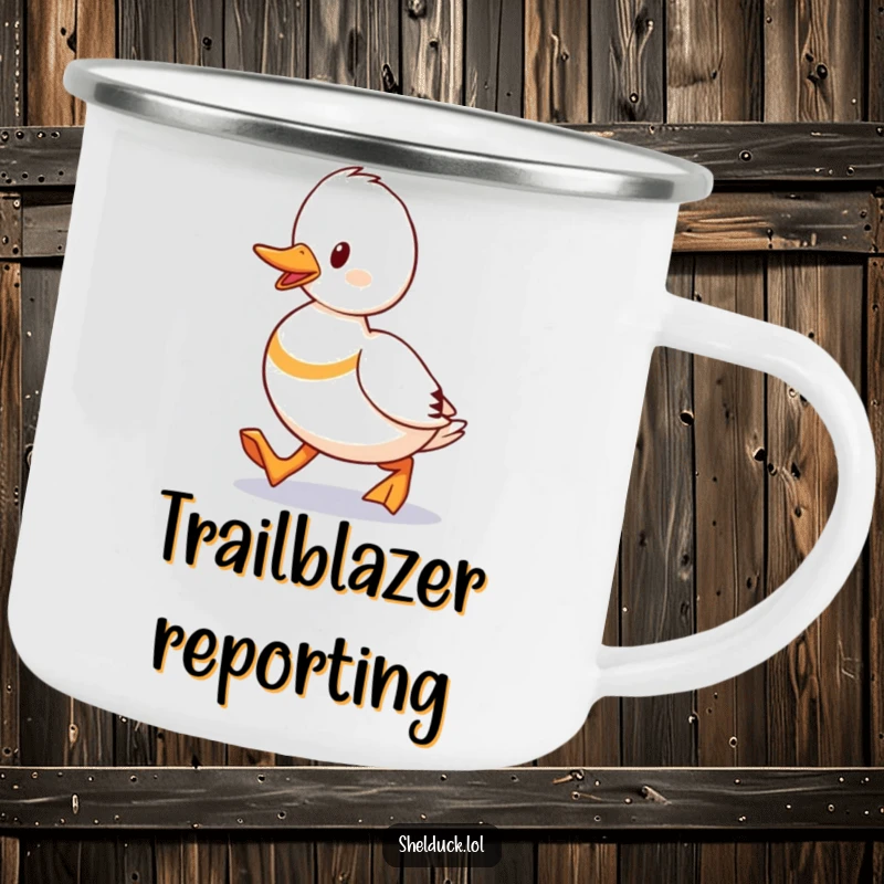 Funny Shelduck Waddling Camping Mug featuring a duck walking with purpose, a humorous and durable drinkware.
