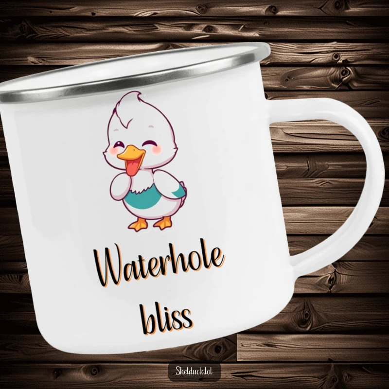 Funny Shelduck Camping Mug: A durable camping mug depicting a shelduck bird joyfully dipping its beak, perfect for outdoor refreshment.