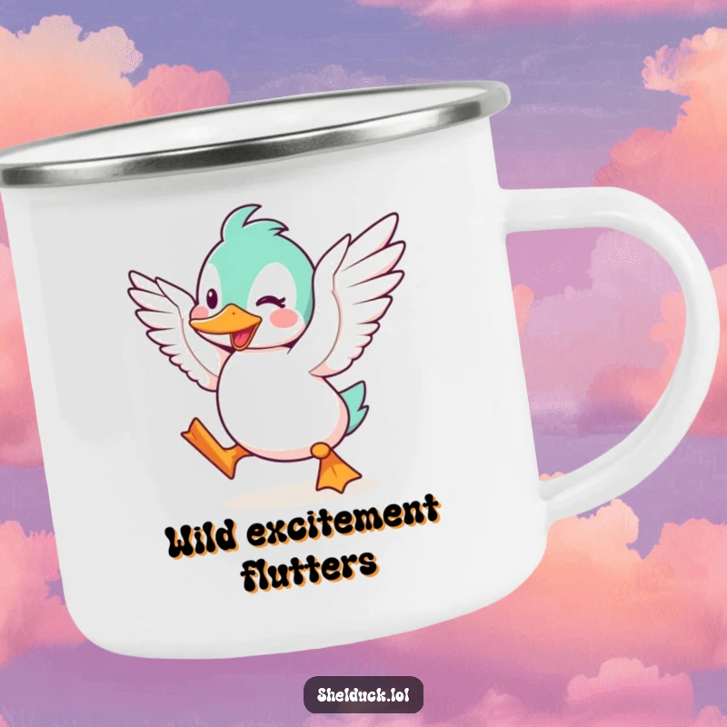 Funny Shelduck Camping Mug, a durable mug with a cute cartoon bird character flapping its wings with excitement, perfect for camping.
