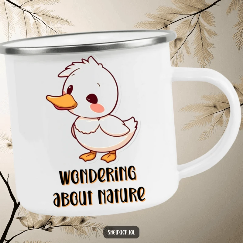 Funny shelduck camping mug depicting a bird curiously tilting its head, perfect for outdoor adventures and thoughtful moments.