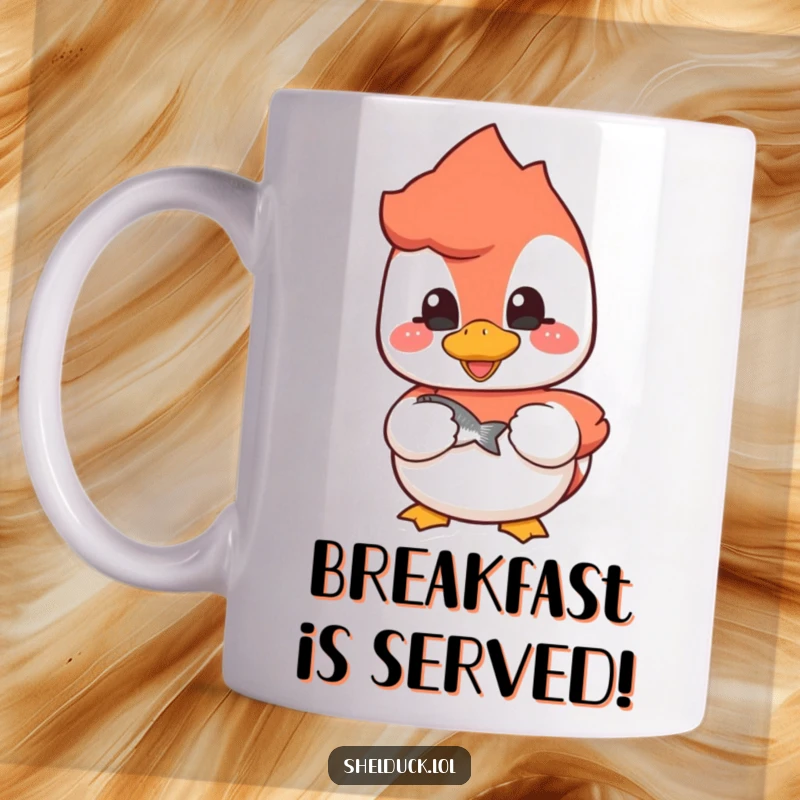 Funny shelduck mug showing a cheerful bird proudly holding a small fish, a humorous fishing enthusiast design.