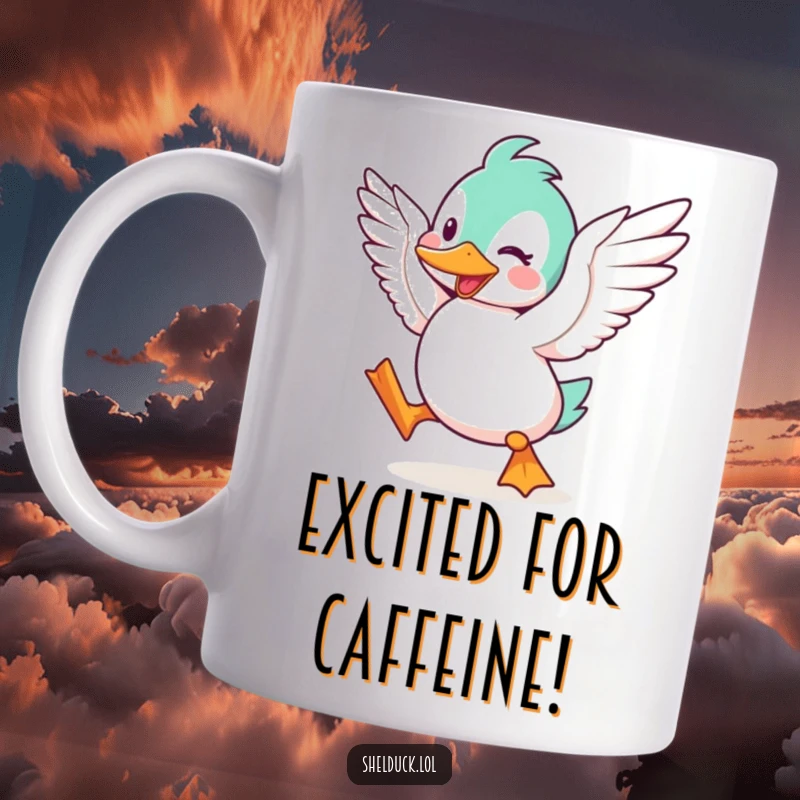 Funny Shelduck Mug, a cute cartoon bird character flapping its wings enthusiastically, conveying pure excitement and joy.