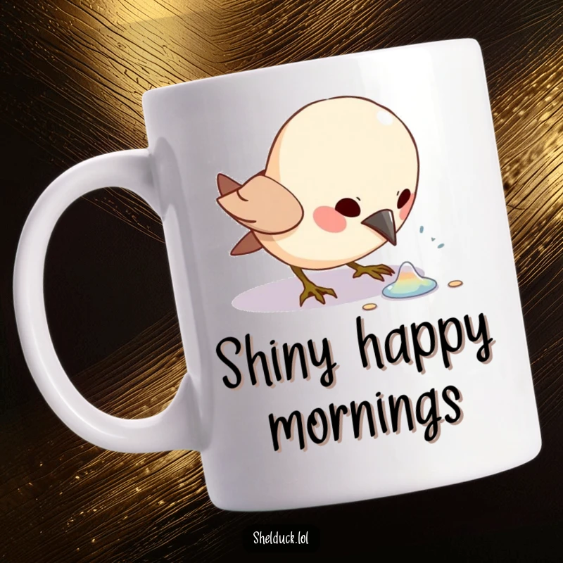 Funny small bird character excitedly pecking at a shiny object, depicted on a mug, great for collectors.