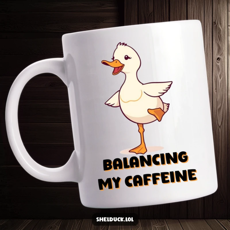 Funny shelduck mug showing a cute bird comically trying to balance itself on one leg, capturing a moment of delightful awkwardness