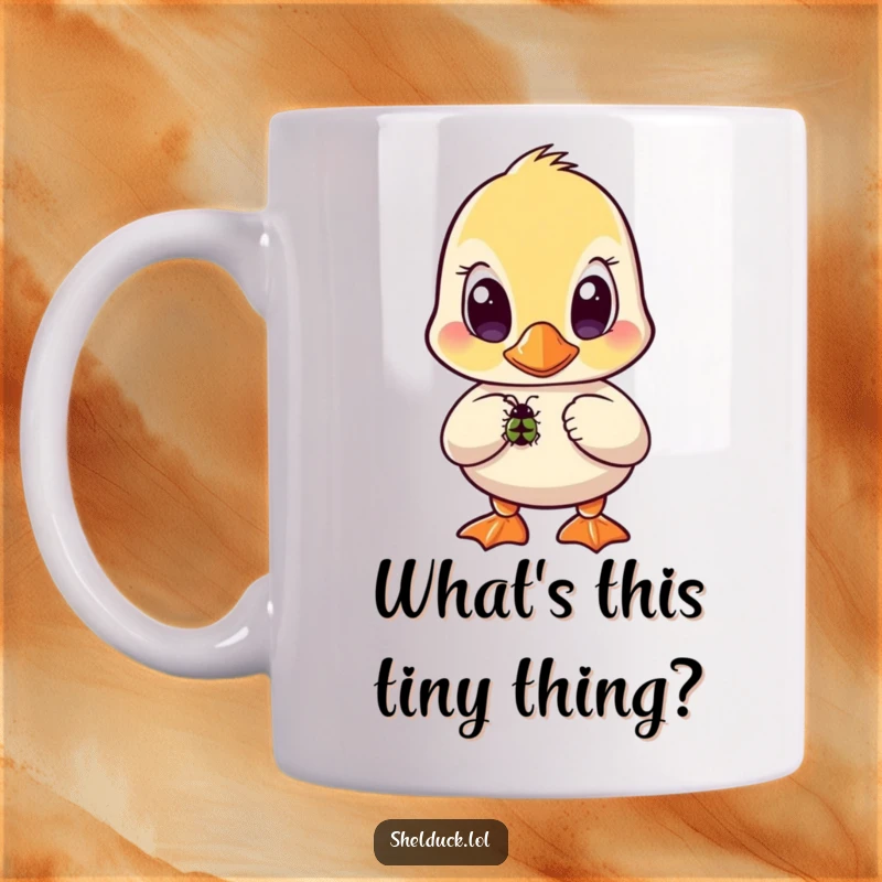 Funny shelduck mug featuring a bird with wide, curious eyes intently watching a small bug.