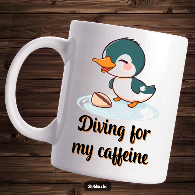 Funny Shelduck Diving Mug: A shelduck humorously diving with great energy for a shell, a perfect funny gift.