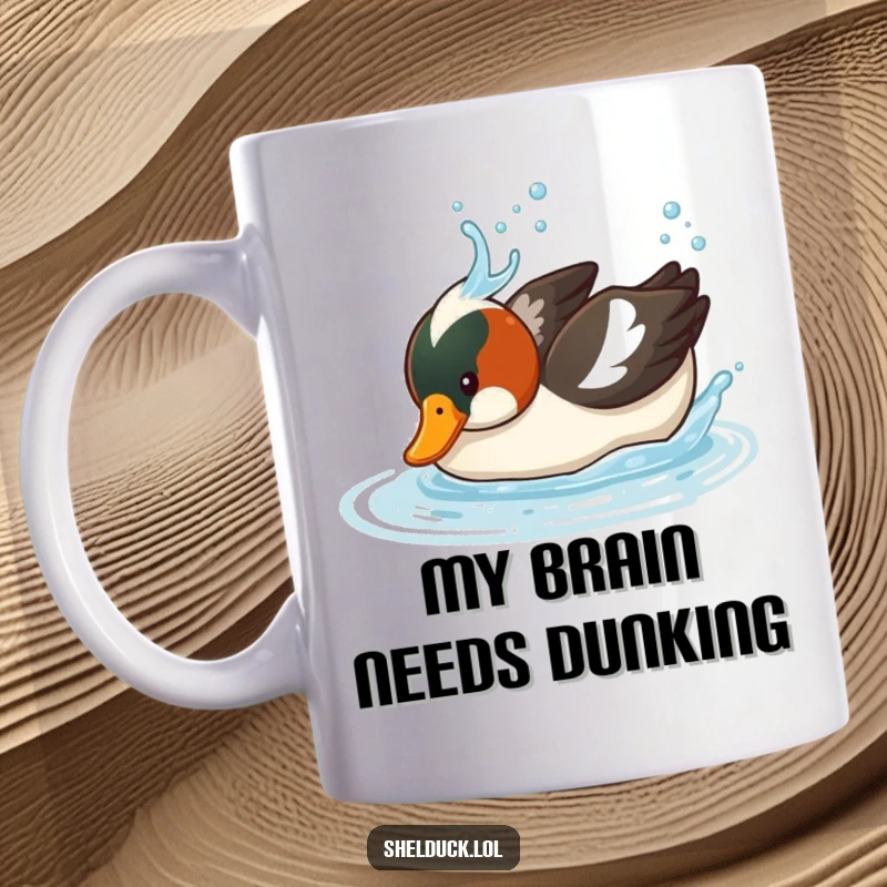 Funny Shelduck Mug: A comical bird humorously dives its head underwater, creating a splash, perfect for a funny gift.