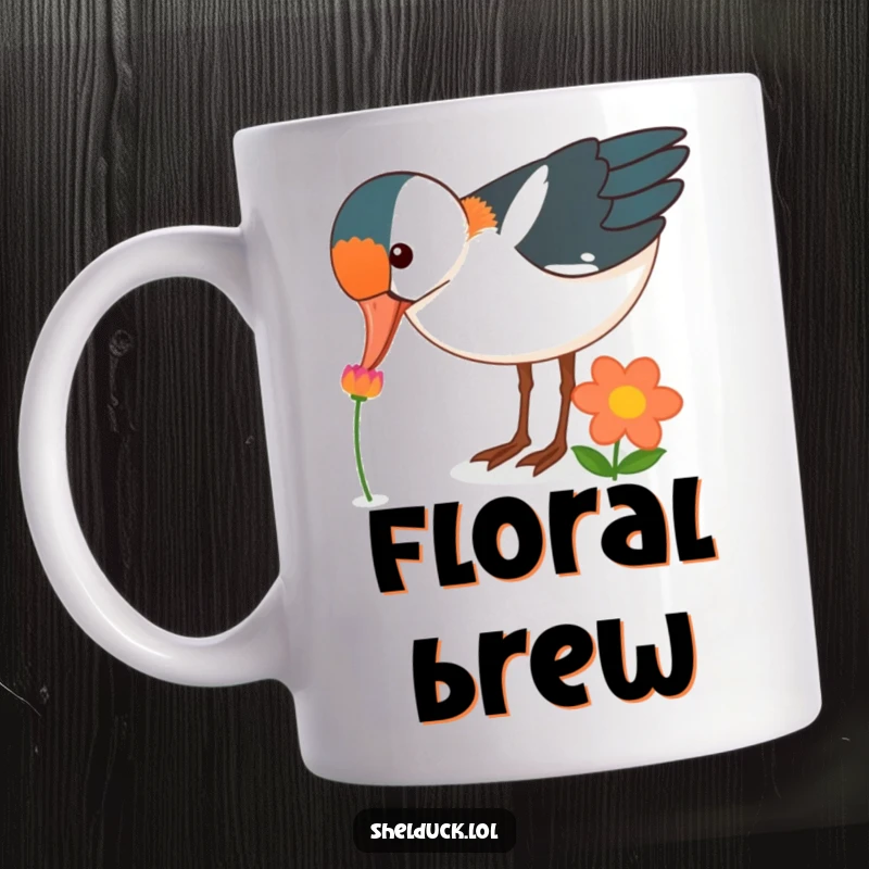 Funny shelduck bird mug, curiously pecking at a brightly colored flower, garden humor, unique funny gift.