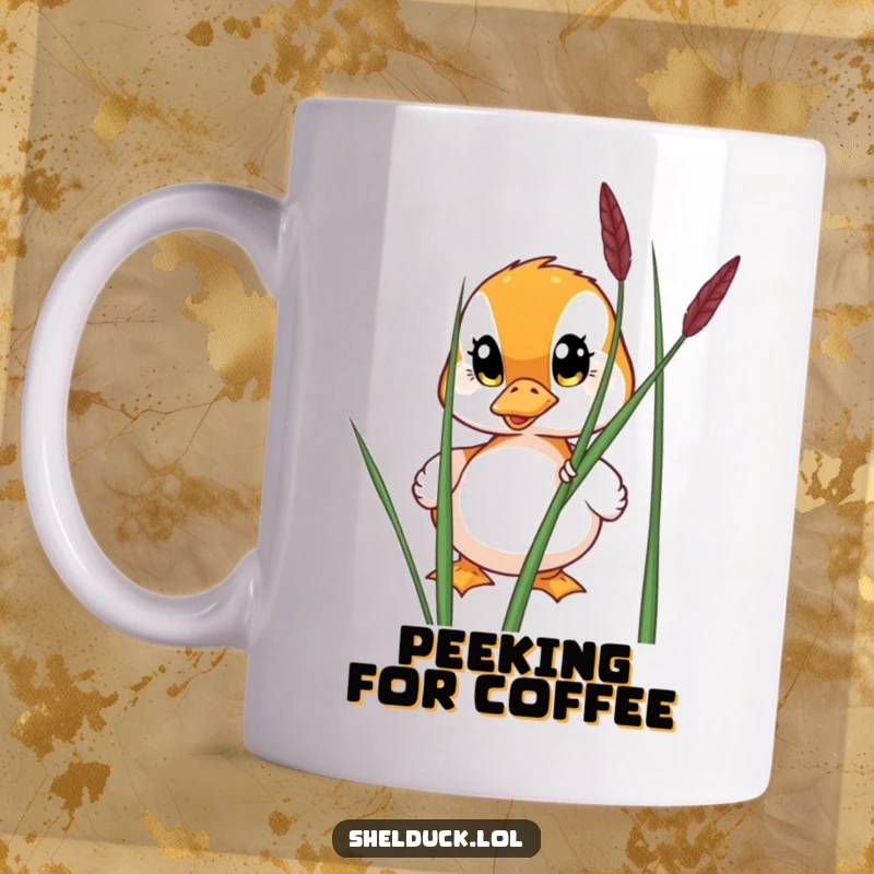 Funny mug featuring a shelduck with big, wide eyes curiously peeking from behind a tall reed, full of wonder.