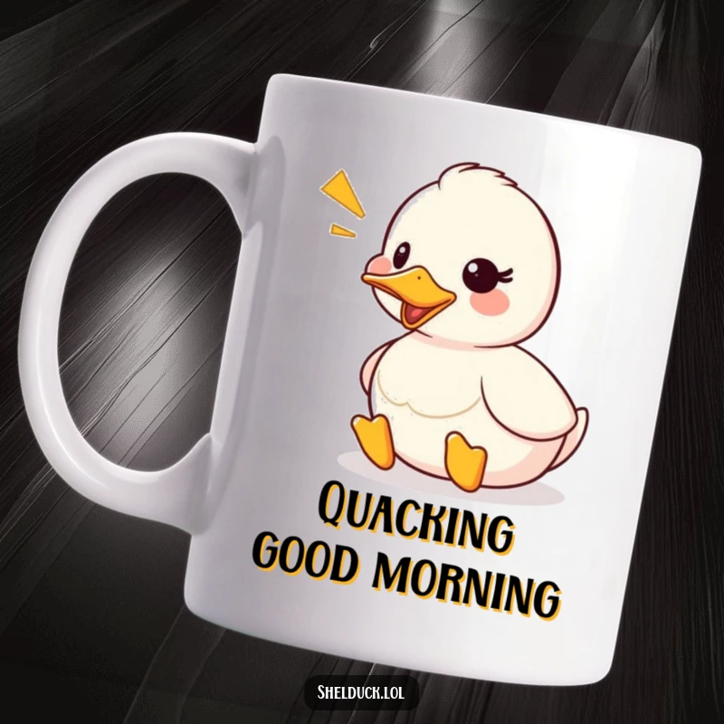 Funny shelduck mug showing a cute duck character emitting a loud, cheerful quack, with visible sound waves indicating its happy noise.