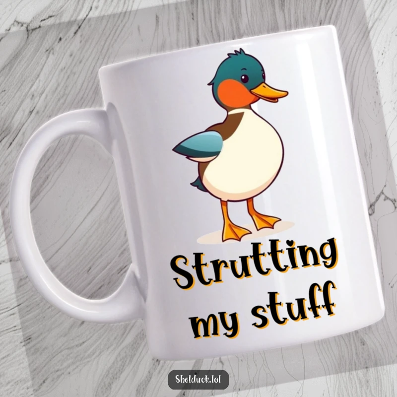 Funny Shelduck Strut Mug: A comical shelduck bird strutting proudly, radiating funny confidence and charm.