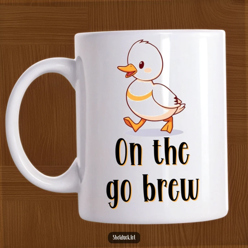 Funny Shelduck Waddling Mug featuring a duck walking with purpose and determination, a humorous depiction for coffee lovers.
