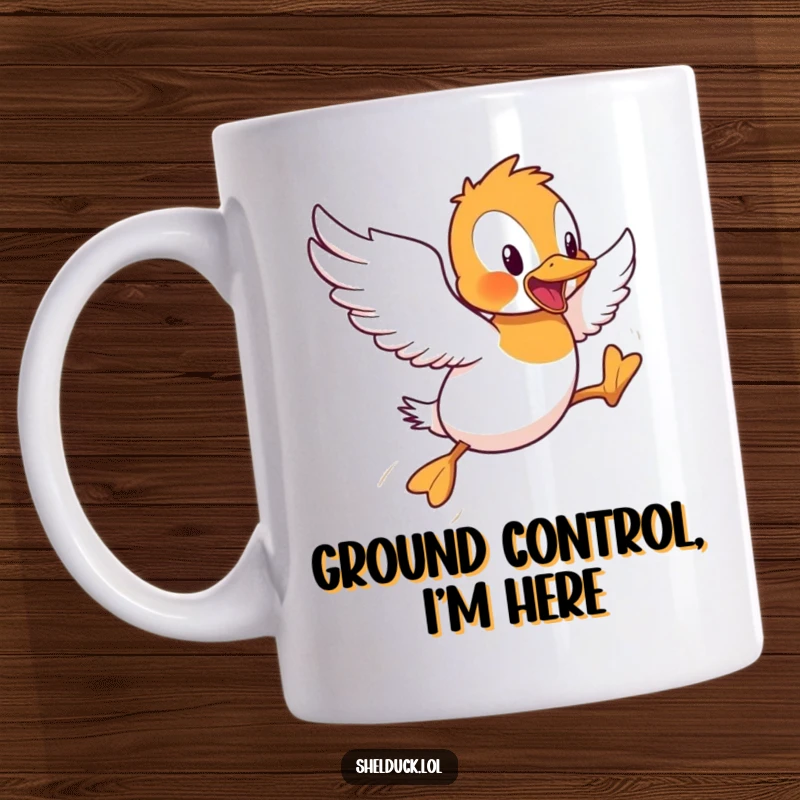 Funny Shelduck Mug: A shelduck bird comically attempting to fly with short, awkward hops, capturing a moment of endearing effort.