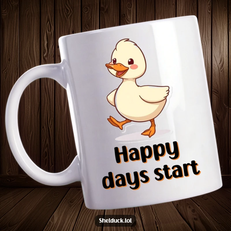 Funny Shelduck Mug, a cute cartoon bird character waddling energetically with a wide, happy grin, conveying cheerful movement.
