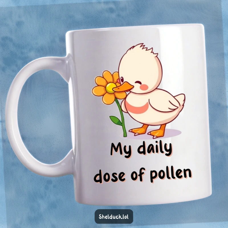 Funny Shelduck Mug: A cute shelduck bird playfully pecking at a vibrant, colorful flower, capturing a moment of joyful curiosity.