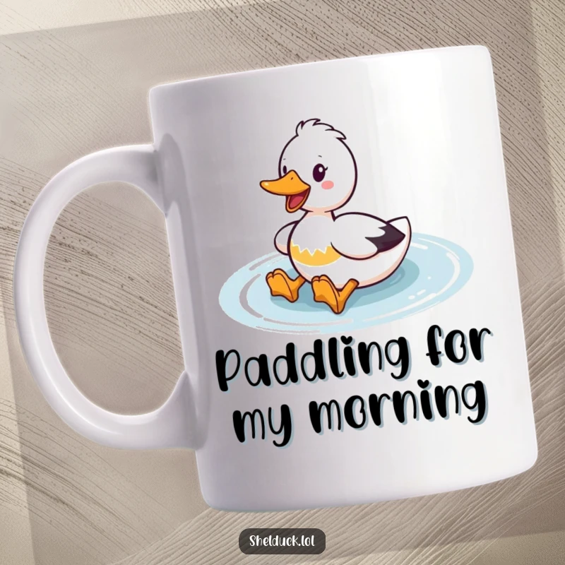 Funny Shelduck Mug: Cute duck character enthusiastically paddling through water with visible webbed feet, showing determination.