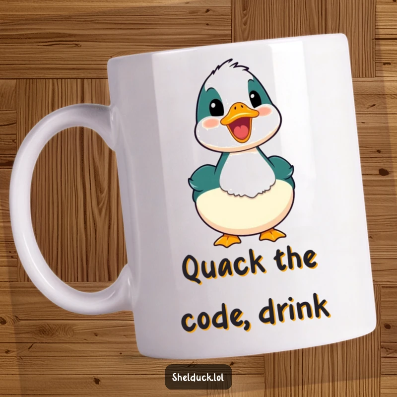 Funny shelduck mug featuring a bird with its mouth wide open in a joyful, happy quack, conveying pure delight.