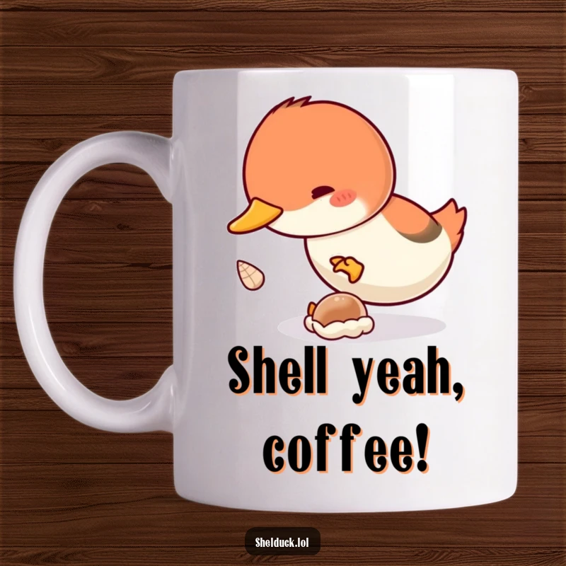 Funny Shelduck Diving Mug: A comical shelduck bird diving headfirst with great enthusiasm for a tiny shell.