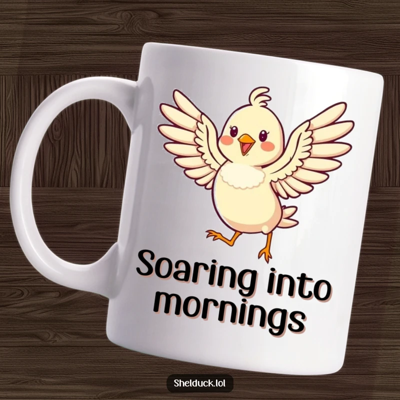 Funny mug featuring a cheerful bird hopping high with its wings spread wide, conveying pure joy and freedom.