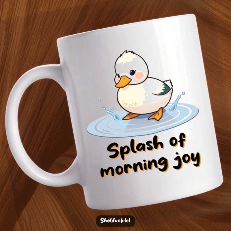 Funny shelduck mug showing a cute bird playfully splashing water in a tiny puddle, radiating pure joy and fun memories