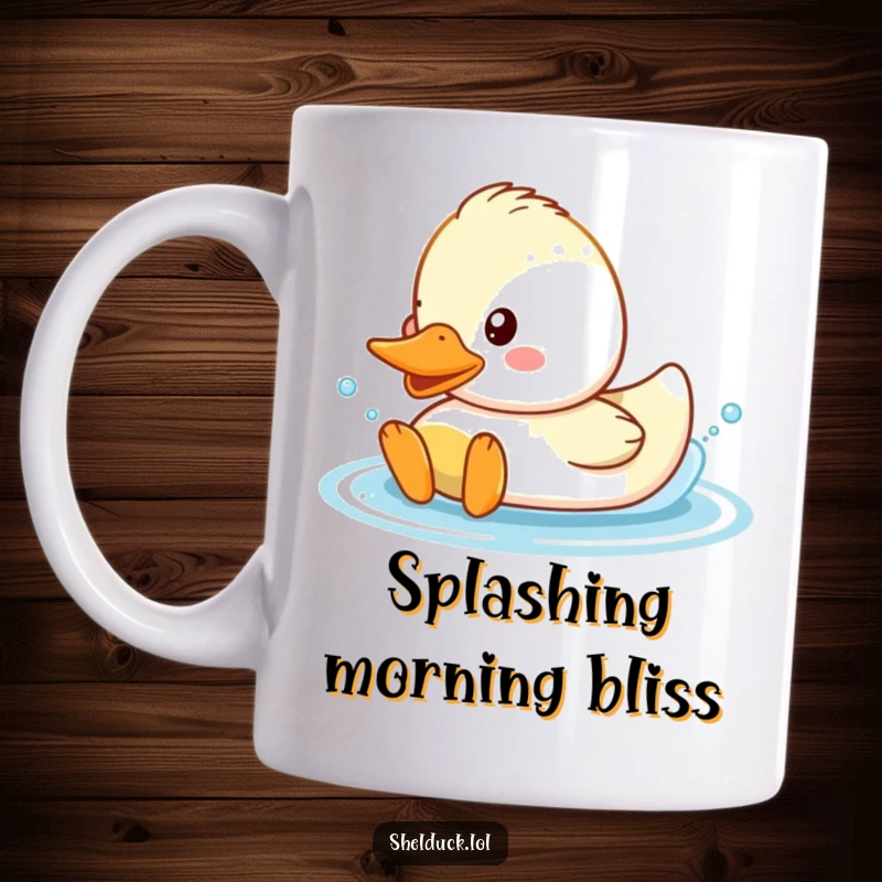 Funny Shelduck Mug featuring a cute duck character happily splashing in water with pure joy.