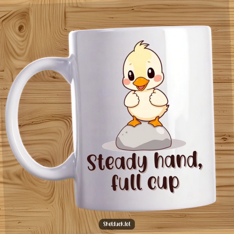 Funny Shelduck Mug: A shelduck attempts to balance a small pebble with comical effort, showing determined silliness.
