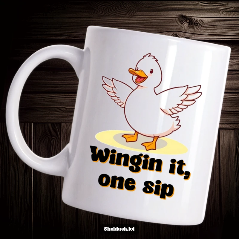 Funny Shelduck Mug: A cute shelduck joyfully stretching its wings wide in warm sunshine, conveying pure happiness and relaxation.