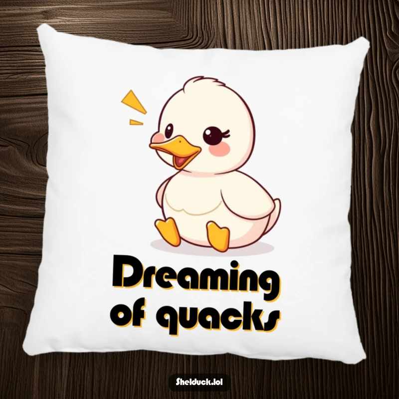 Funny shelduck pillow featuring a cute duck character quacking, with a visible sound wave graphic adding a whimsical touch.