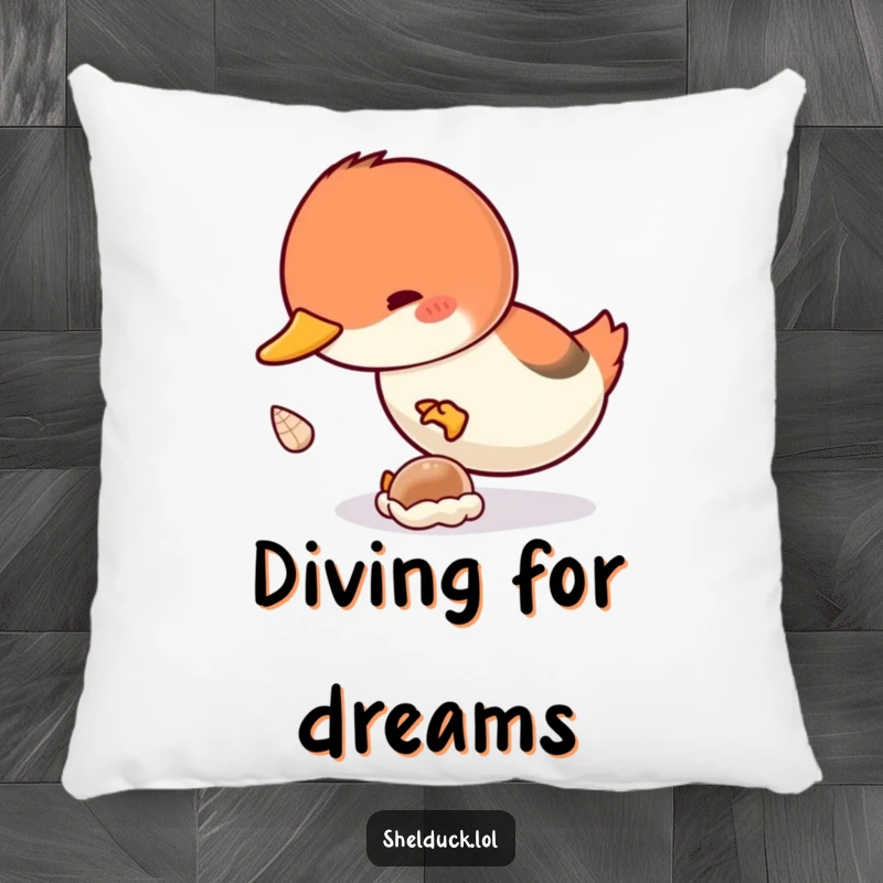 Funny Shelduck Dive Pillow: A plush pillow featuring a shelduck bird diving with enthusiasm for a shell, perfect for adding comfort and humor.