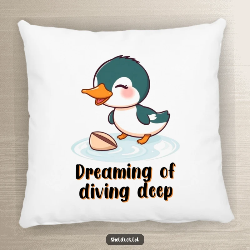Funny Shelduck Diving Pillow: A plush pillow featuring a shelduck humorously diving for a shell, a great funny gift.