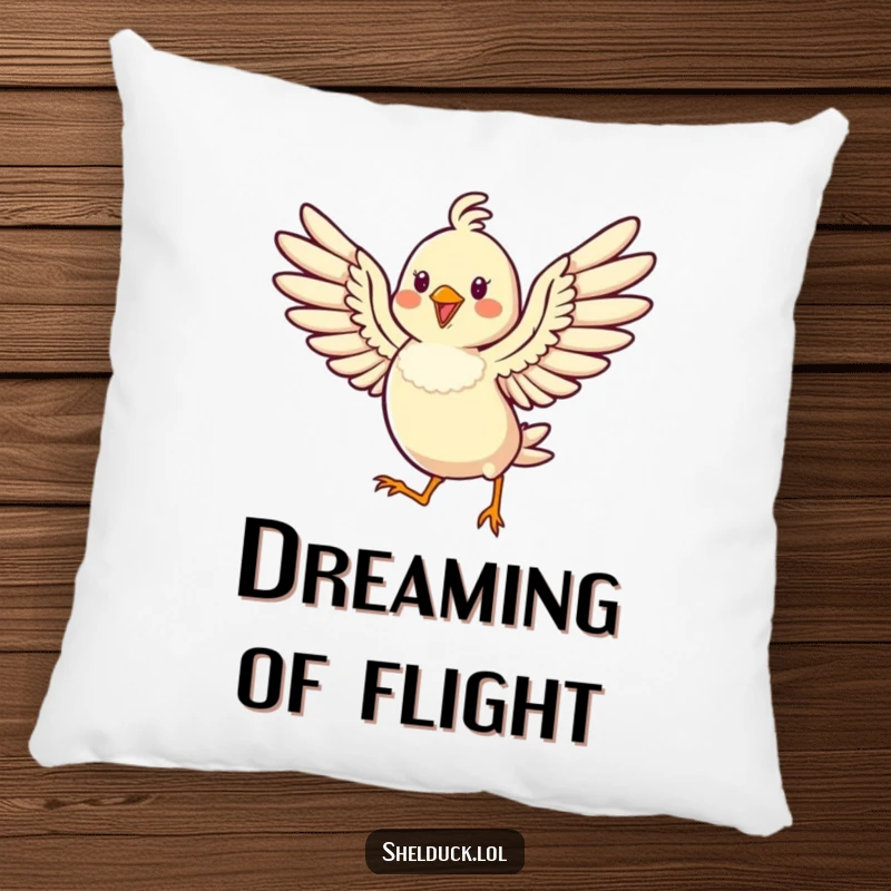 Funny pillow featuring a cheerful bird hopping high with its wings spread wide, radiating pure happiness and energy.