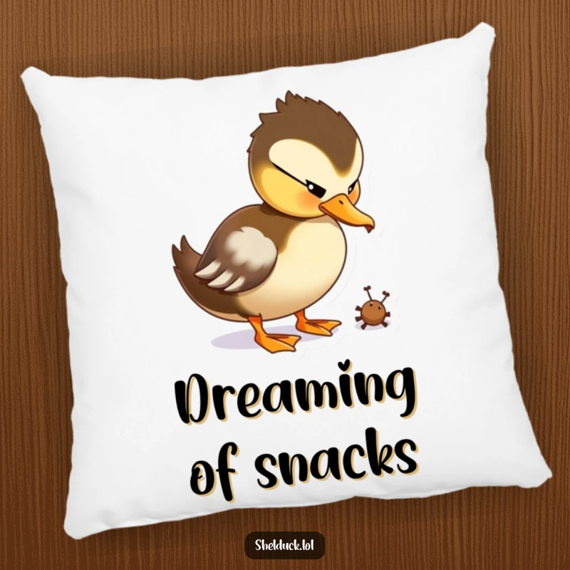 Funny Shelduck Peck Pillow with a duck character playfully pecking at a tiny bug.
