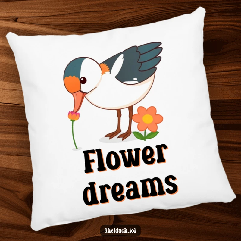 Funny shelduck bird pillow, curiously pecking at a brightly colored flower, comfortable decor, perfect funny gift.
