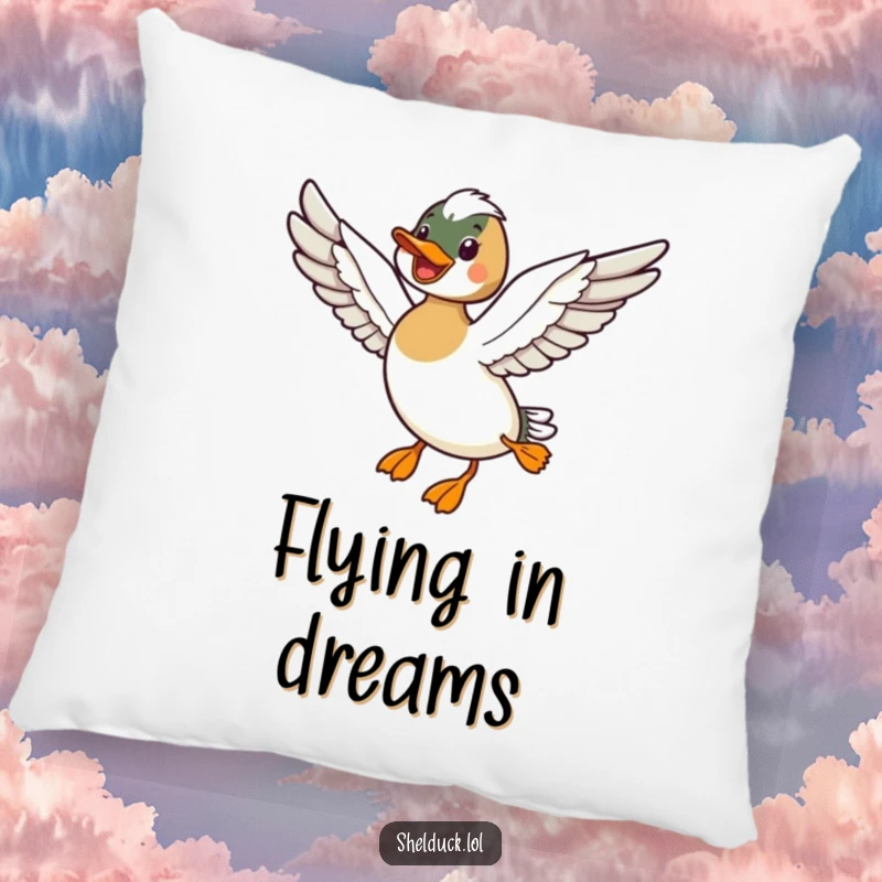 Funny pillow featuring a shelduck bird flying with wings outstretched, offering cozy comfort and a feeling of freedom.