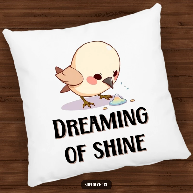 Funny bird excitedly pecking at a shiny object, depicted on a soft throw pillow for comfort.