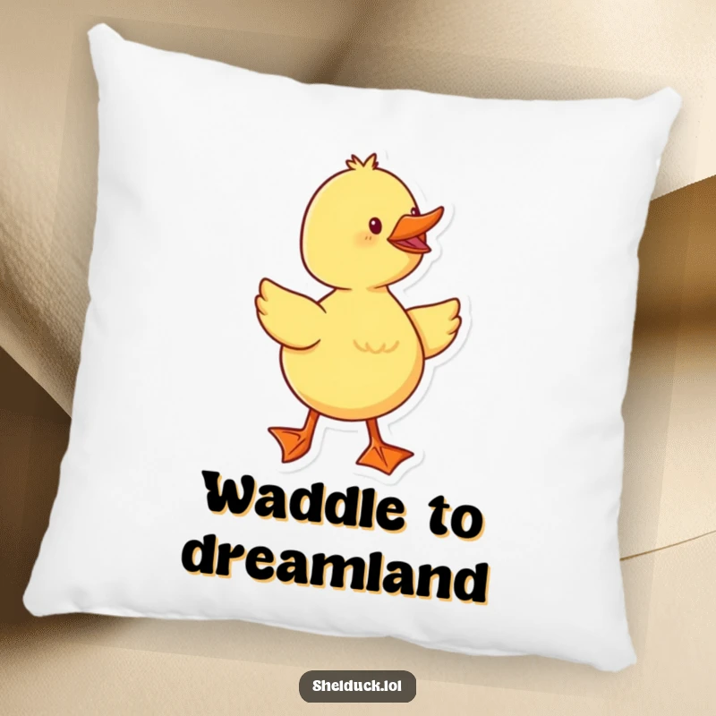 Funny duckling waddling with energy, depicted on a soft pillow, adding cheer to any room.