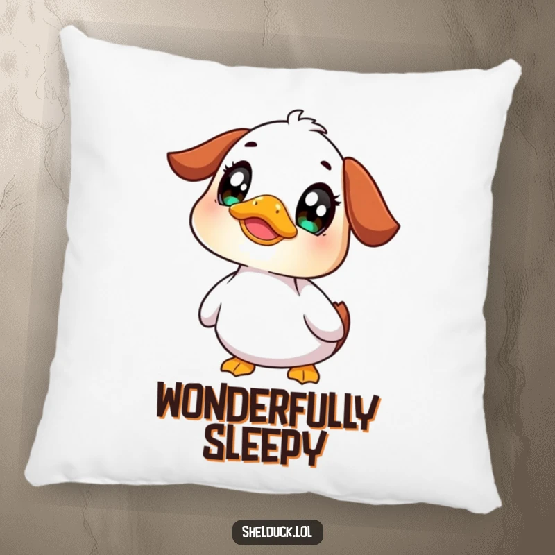 Funny shelduck pillow featuring a cute bird looking up with wide, curious eyes, adding a touch of gentle humor and comfort
