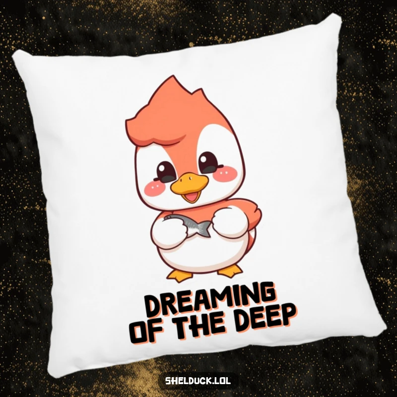 Funny shelduck pillow with a cheerful bird holding a fish, soft and decorative for sofas.