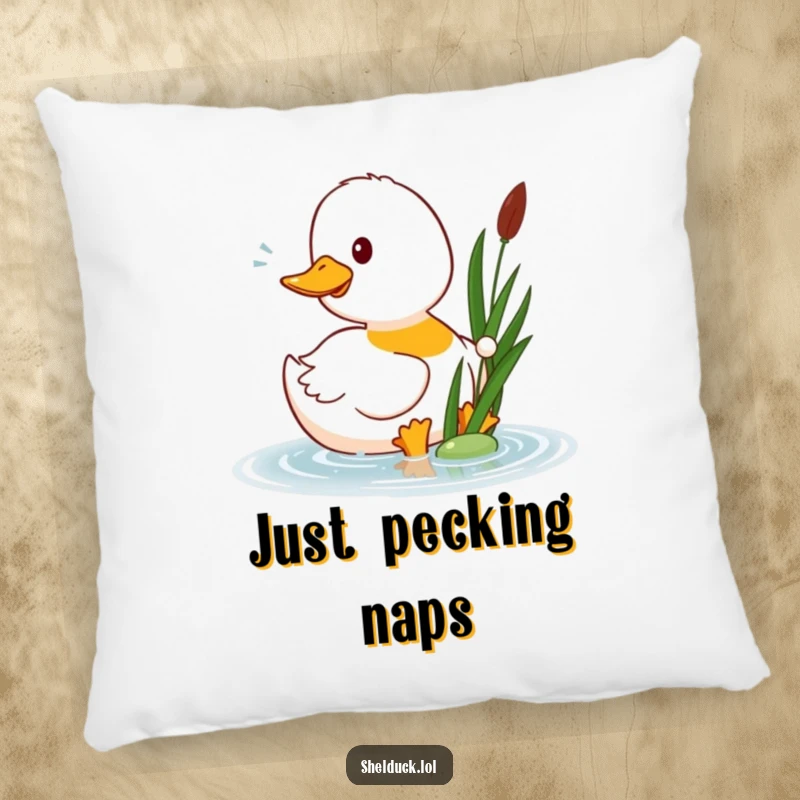 Funny shelduck pillow with a happy shelduck bird playfully pecking at a floating reed, providing comfort and amusement.
