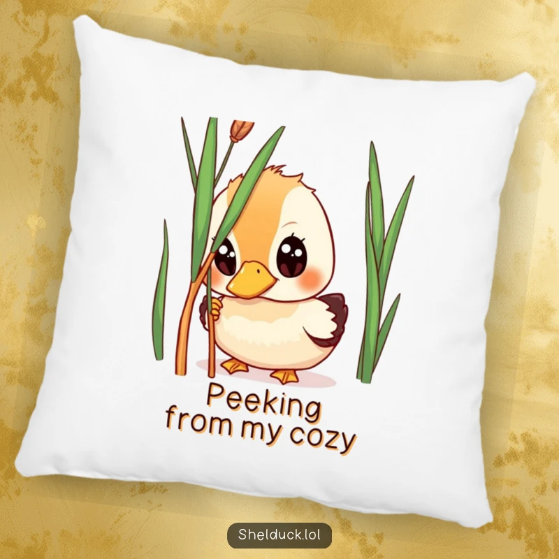 Funny shelduck pillow, cute wide-eyed bird cushion, peeking from reed, humorous home decor, perfect gift for relaxation.