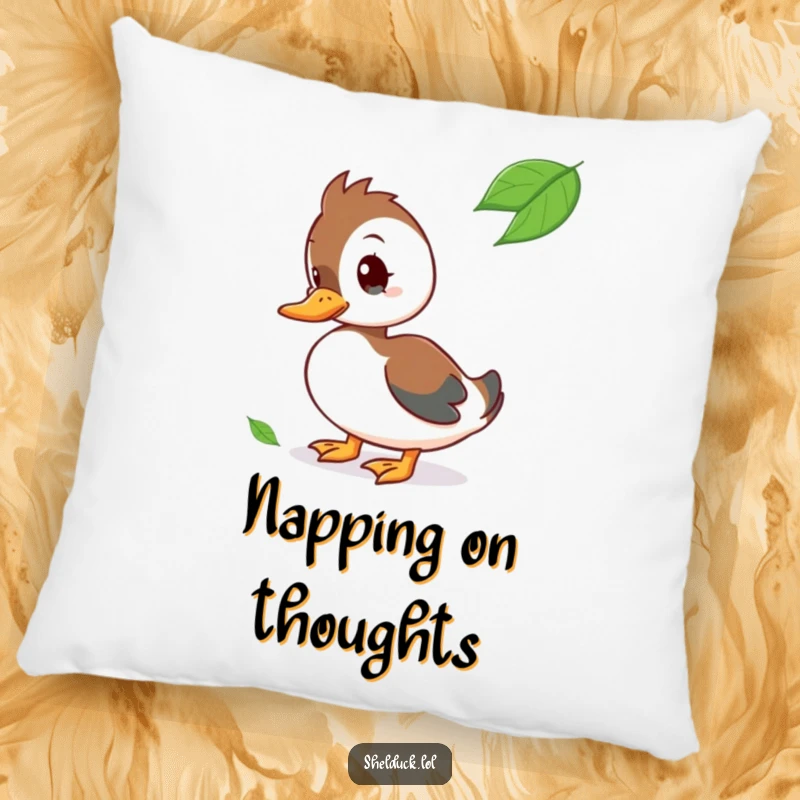 Funny Pillow with a curious shelduck character tilting its head at a floating leaf.