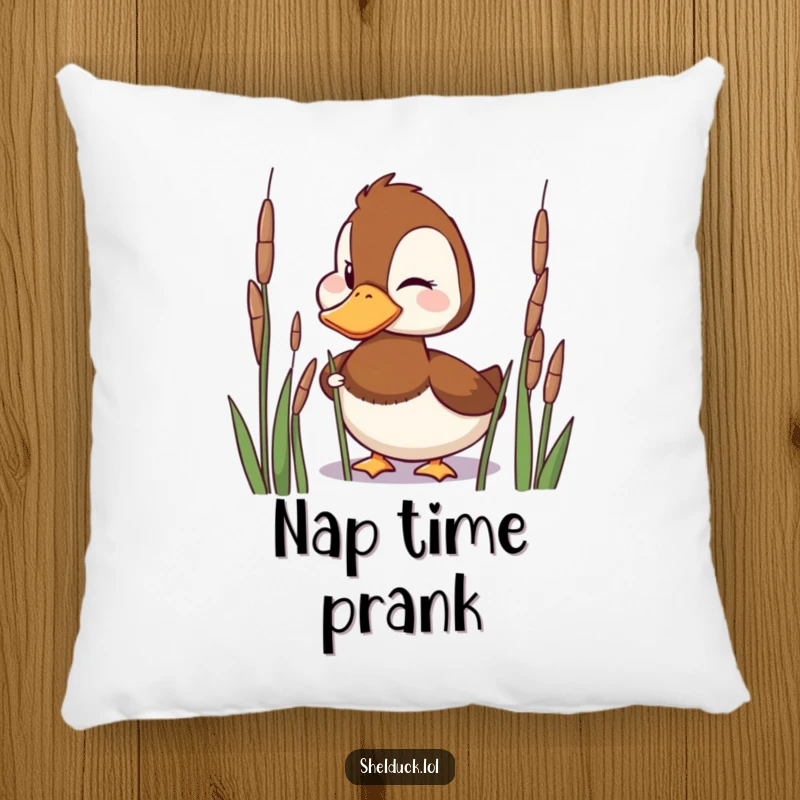 Funny Pillow featuring a playful shelduck character winking mischievously from behind reeds.