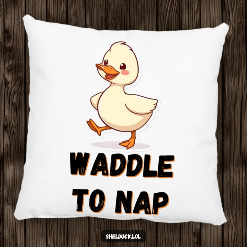 Funny Shelduck Pillow, featuring a cute cartoon bird character waddling energetically with a happy grin, perfect for soft comfort.