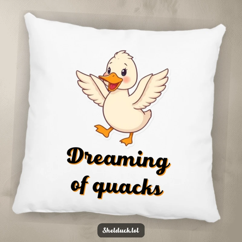 Funny shelduck pillow featuring a cute bird happily quacking and flapping its wings, perfect for a cozy accent.