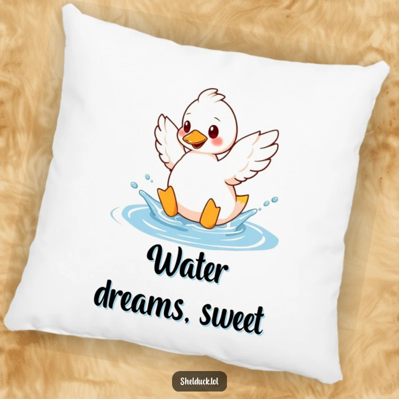 Funny shelduck pillow showing a bird playfully splashing water with its wings, adding cute and funny decor.
