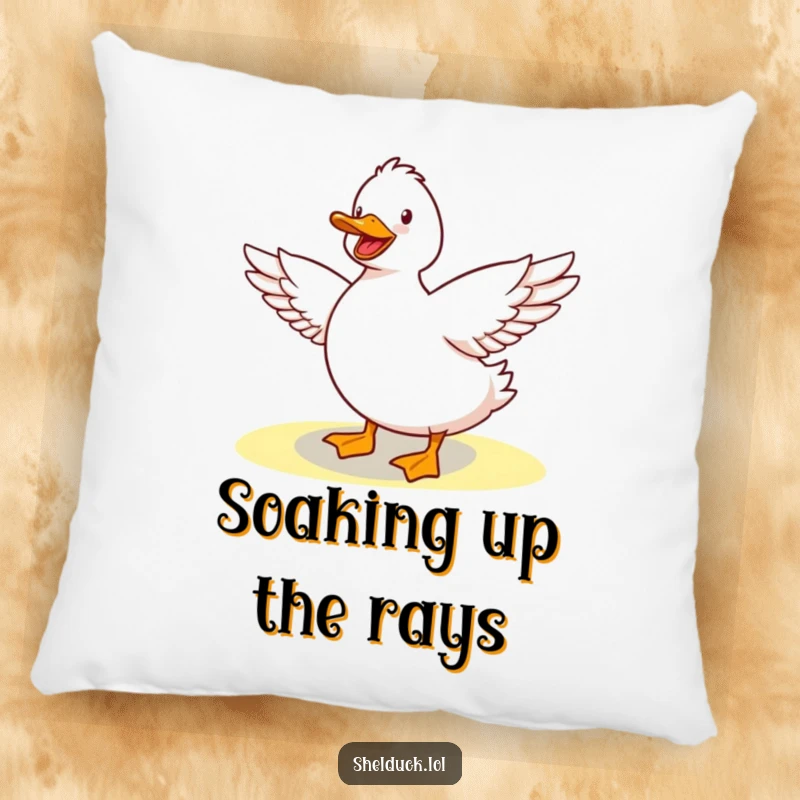 Funny Shelduck Pillow: A soft and plush pillow featuring a cute shelduck stretching its wings happily in the sunshine, a humorous accent.