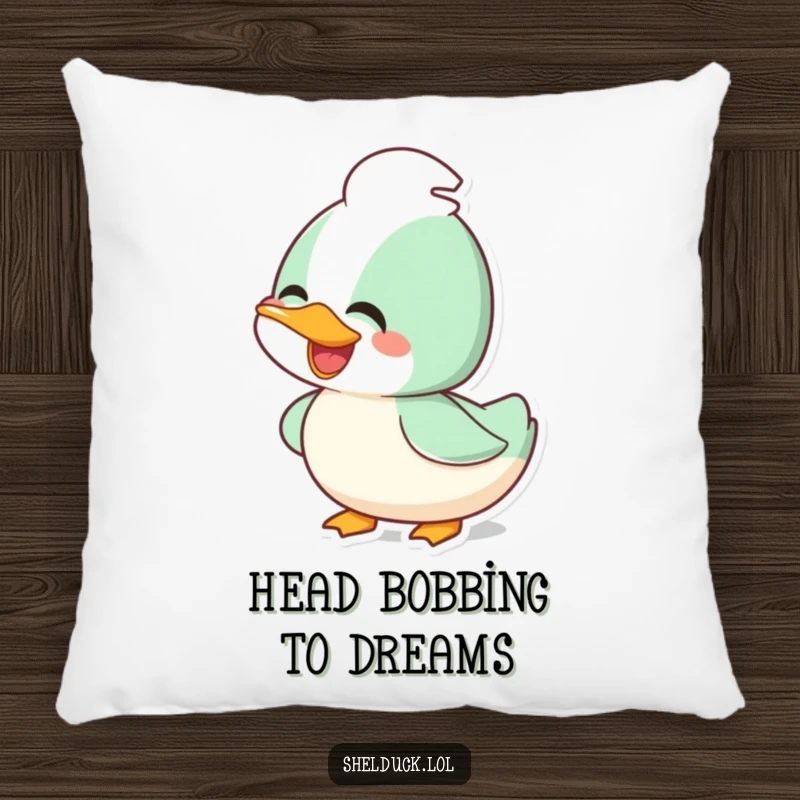 Funny joyful shelduck pillow featuring a happy bird bobbing its head, offering comfort and loads of cheer.